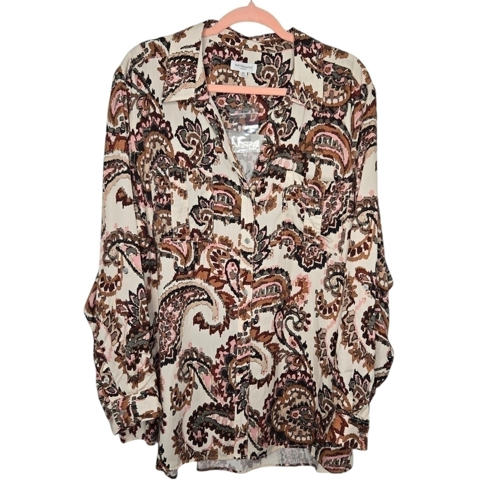 Westbound Womens Brown Pink Paisley Print Tencel Button Down Shirt Plus Size 3XL